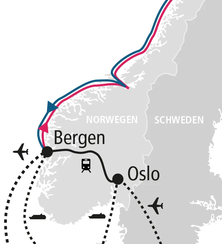 Karte der An- und Abreisewege über Bergen: per Flug, mit der Bergenbahn über Oslo oder per Fähre