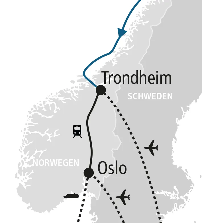 Karte der An- und Abreisewege über Trondheim: per Flug oder mit der Dovrebahn über Oslo